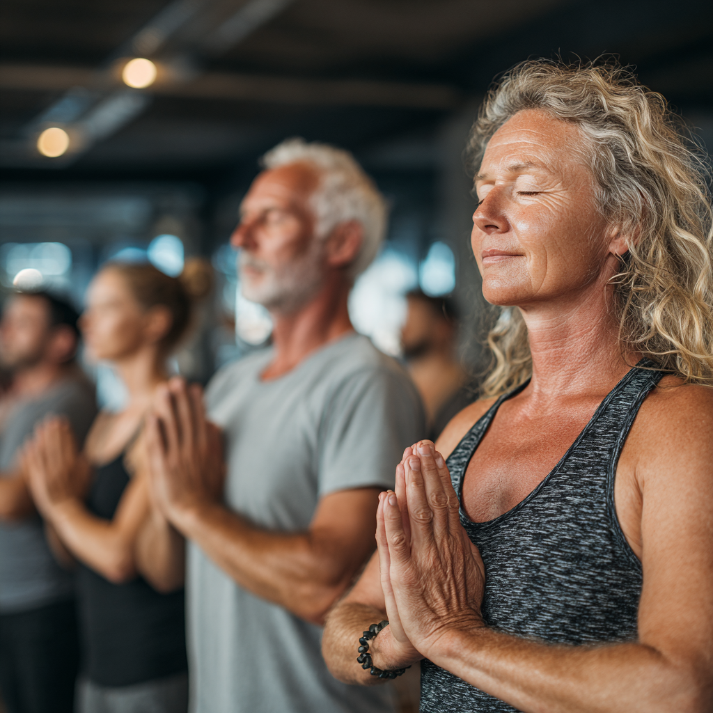 Group of mature adults practicing yoga together in bright studio space, showing community and support in wellness journey